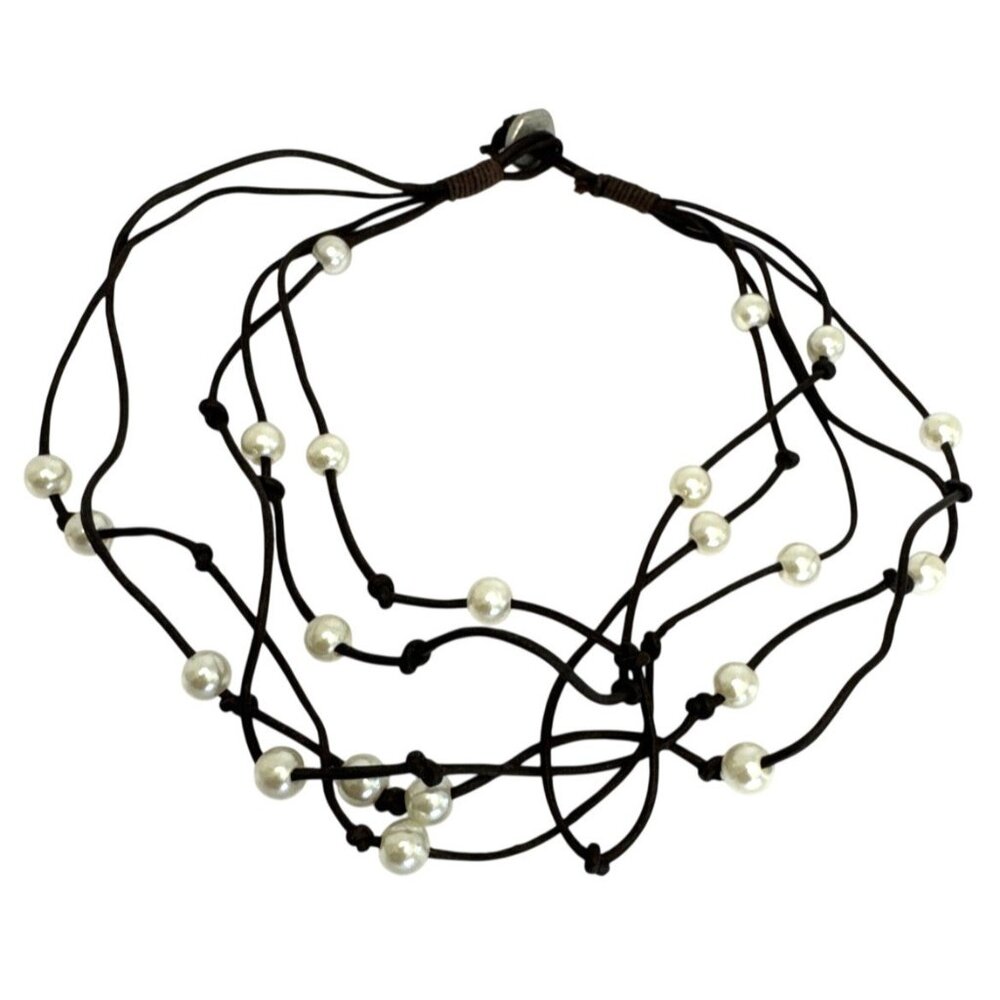 Boho Leather & Faux Pearl Multi-Strand Necklace